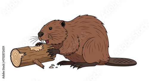 Cartoon Beaver Character Carving a Log with Sharp Teeth, Isolated on a White Background, Illustration for Children Storybooks and Educational