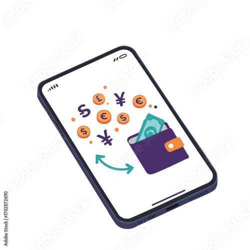 A modern smartphone screen depicts a digital wallet surrounded by various currency symbols, representing secure online financial transactions and convenient mobile banking.