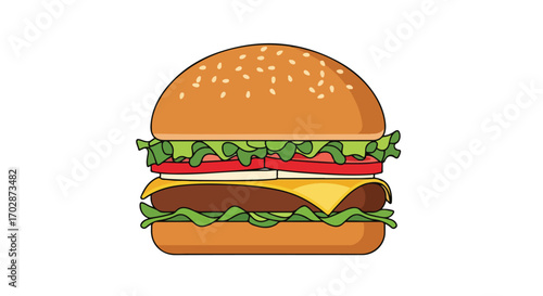 Cartoon illustration of a delicious, juicy burger with fresh ingredients for fast food menus or advertising materials