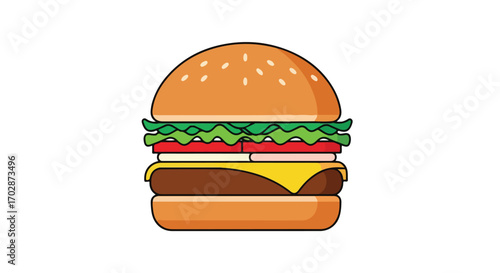 Delicious cartoon burger illustration, featuring fresh ingredients and vibrant colors in a clean digital style ideal for food related projects