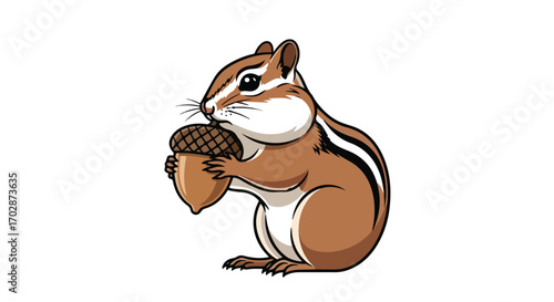 Cute Cartoon Chipmunk Character Holding a Brown Acorn with Delightful Expression isolated on White Background for Graphic Designs