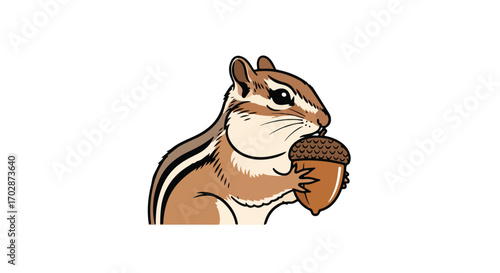 Delightful chipmunk cartoon, meticulously holding an acorn, showcasing forest and wildlife themes in a crisp cartoon style illustration