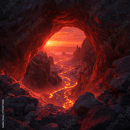 A monumental stone arch glowing with crimson light, unveiling a fiery dimension of molten rivers and jagged rocky landscapes. Sparks drift into the air, while the surrounding shadows