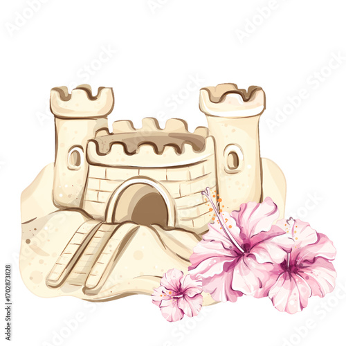 Create memories of summer adventures with a whimsical sandcastle by the beach adorned with beautiful hibiscus flowers, capturing the essence of relaxation and joy during sunny holiday moments