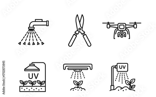 Urban farming tech tools icon set in minimalist style on transparent background