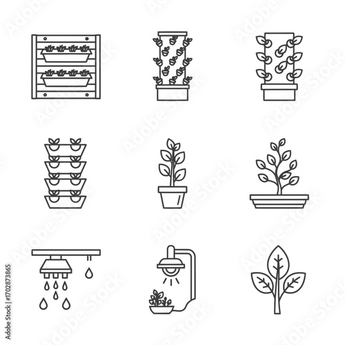 Vertical garden icon set in minimalist line art style on transparent background