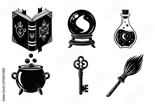 Witch Magic Items Icon Set in Black and White Style