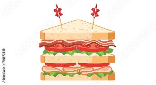Delicious and inviting layered sandwich illustration featuring bacon, tomatoes, and fresh lettuce, perfect for culinary or design applications