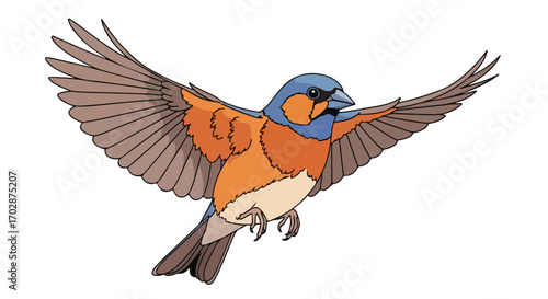 Colorful bird in flight displaying its intricate wings, digitally painted illustration of a bird in its natural environment