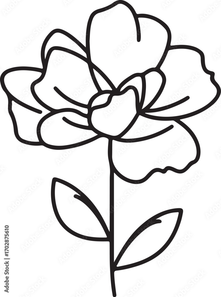 Obraz premium Simple Outline of a Blooming Flower with Two Leaves