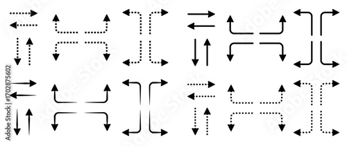 Black dotted and line arrow set, various vector monochrome outline navigation signs. Linear symbols of up, down, right and left direction. Forward, backward, straight, sideways paths