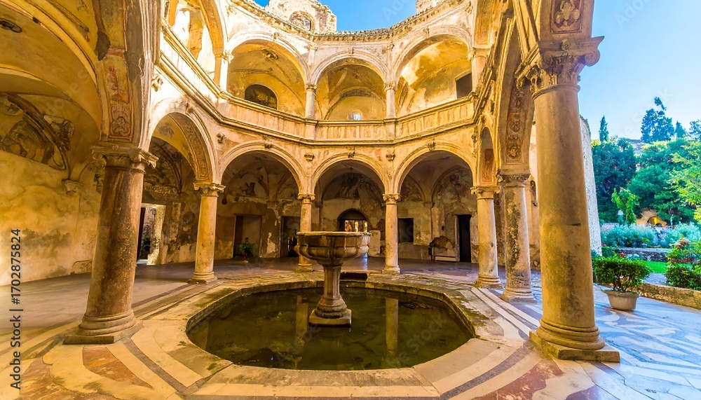 Obraz premium Sunlit, ancient, arched courtyard with fountain