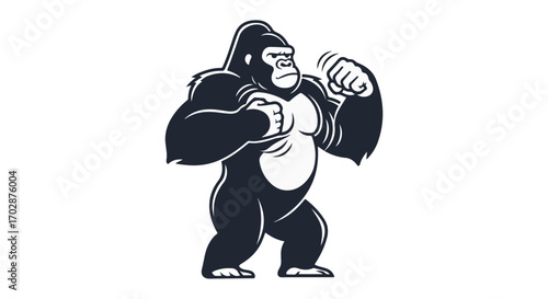 Illustrative muscular gorilla with intimidating boxing stance ready to rumble on a clear backdrop showing raw power