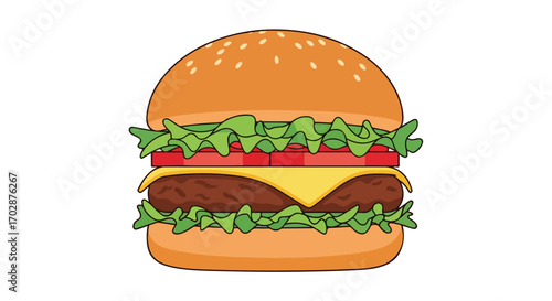 Whimsical burger illustration with fresh lettuce tomato and cheese against a white backdrop offering a playful vibe
