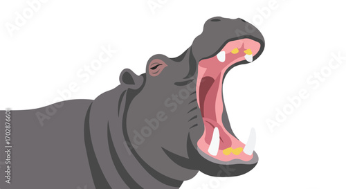 Illustration of a yawning hippopotamus with its mouth wide open, showcasing prominent teeth and pink interior against a white background