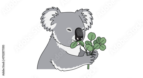 Charming cartoon koala enjoying eucalyptus leaves against a pure white background illustrating its unique diet and adorable nature