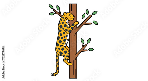Stylized depiction of a leopard gracefully ascending a leafy tree showcasing agility and arboreal adaptation against white canvas
