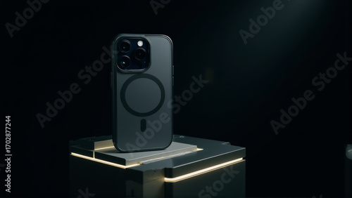 Modern Smartphone Case Display Product Focus. Sleek, minimalist smartphone case .Dark grey color with a prominent circular button design on the back.