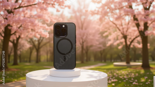 MagSafe Phone Case Display. Black MagSafe phone case with a circular cutout for the camera and flash, standing upright on a white cylindrical pedestal. 