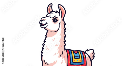 Delightful Cartoon Llama with a Vibrant Saddle Blanket on a Clean White Background for Creative Designs