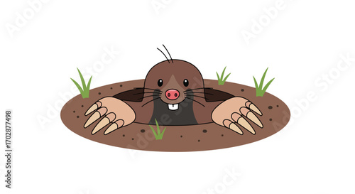 Cartoon illustration of a mole popping out of a hole in the ground with grass details, in a simplified and cute style suitable for children's