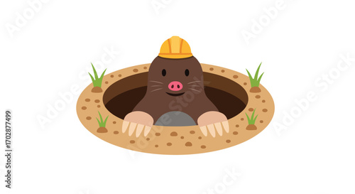 Cartoon construction mole emerging from a hole wearing a yellow hard hat, isolated against a clean white background,vector illustration