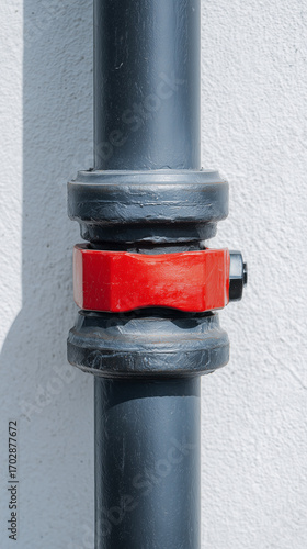 Black plastic pipe with red clamp attached to wall indoors  