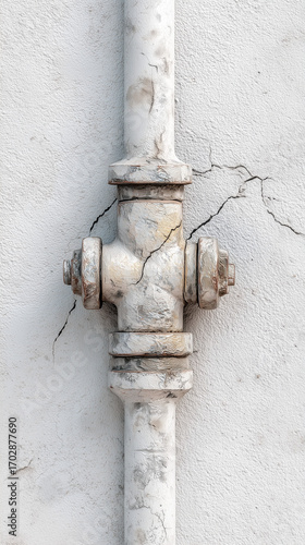 Damaged pipe clamp with cracks on white wall background  