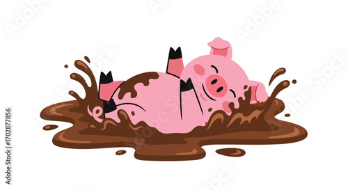 Cartoon pig enjoying a refreshing mud bath for relaxation and rejuvenation amidst the earthy texture and swirls  of muddy pleasure
