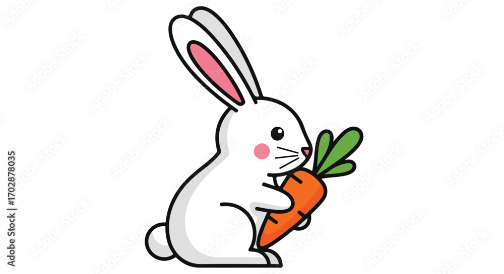Fototapeta premium Cute white bunny character holding a bright orange carrot with green leafy tops, a whimsical illustration featuring friendly animal and food items