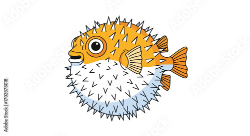 Stylized Pufferfish Illustration Featuring Spikes and Cartoonish Features Depicted on White Background