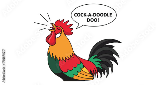 Cartoon Rooster Crowing with Speech Bubble Illustrating Farm Life and Wake-Up Call for Morning Sunrise heralds a rural dawn