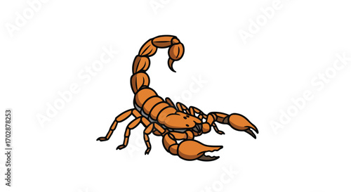 Stylized depiction of an orange scorpion with raised stinger isolated against a blank backdrop drawing attention to its formidable structure