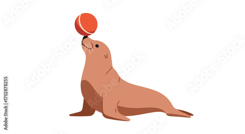 Playful sea lion balancing a colorful ball on its nose, evoking circus vibes and showcasing remarkable animal skill and fun aquatic performances