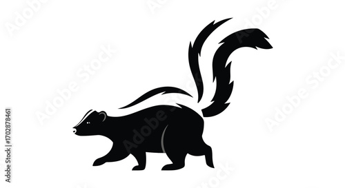 Stylized skunk illustration on white background, design suitable for logo or graphic element, showcasing its distinctive appearance