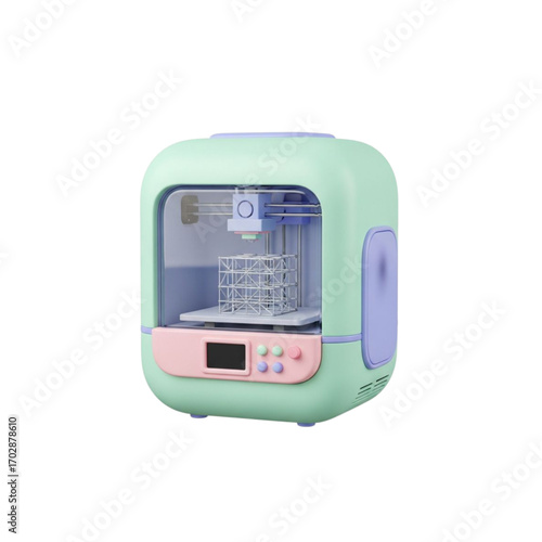 Cute 3d printer creating a wireframe cube isolated on transparent background
