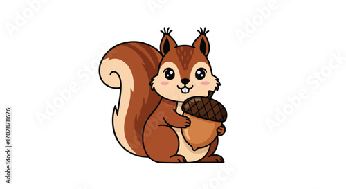 Charming Cartoon Squirrel Clipart Illustration with an Acorn and Adorable Eyes Awaiting Autumn Season Decorations
