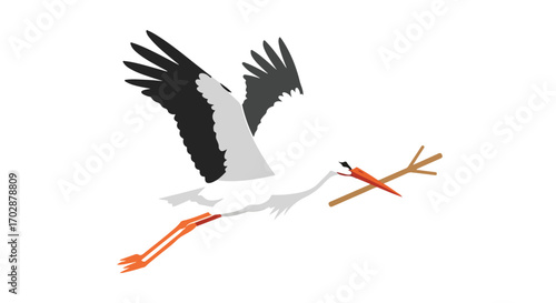 Stylized stork in flight carrying a carrot and stick, a conceptual illustration of an unusual delivery service concept
