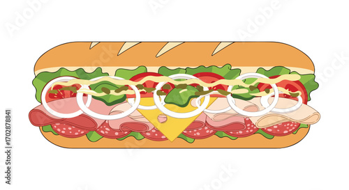 Cartoon illustration showcasing a long sandwich filled with cold cuts, vegetables, and sauces on fresh bread for a delectable food concept