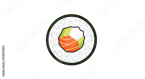 Illustration of a classic sushi roll featuring fresh salmon and creamy avocado, presented on a stark white canvas, adding a vibrant culinary appeal