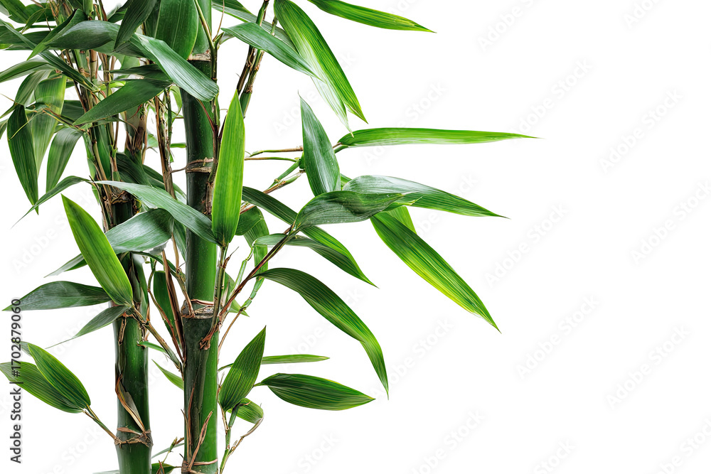 Fototapeta premium Close-up of vibrant green bamboo stalks and leaves against a black background. Fresh, healthy, and lush greenery. Focus on the intricate details of the foliage and stems