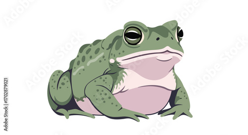 Cartoonish amphibian illustration capturing a chubby, friendly-looking toad sitting patiently on a white background looking straight ahead