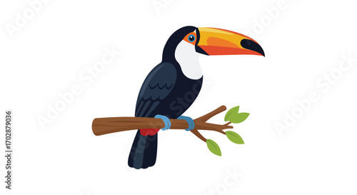 Vibrant toucan perching gracefully upon a leafy branch against a clear white backdrop illustration