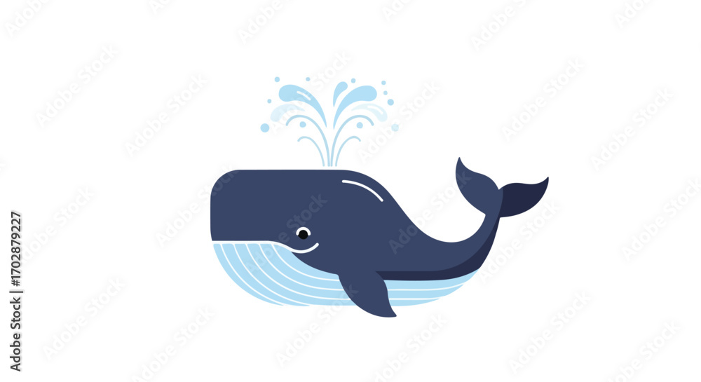 Obraz premium Cute cartoon whale blowing water from its blowhole against a clean white background, perfect for children's illustration, education or ocean themed
