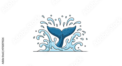 Stylized marine illustration featuring a whale's tail emerging playfully from the water with splashes and wave details