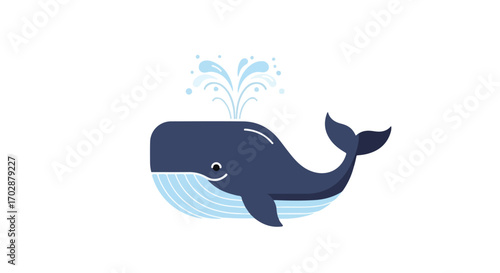 Cute cartoon whale blowing water from its blowhole against a clean white background, perfect for children's illustration, education or ocean themed