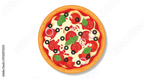 Vibrant pepperoni pizza illustration with fresh toppings and classic presentation perfect for culinary projects and menu designs