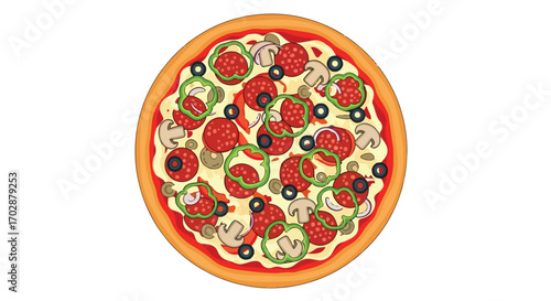 Cartoon-style pizza illustration with pepperoni, mushrooms, peppers, and olives on a white background