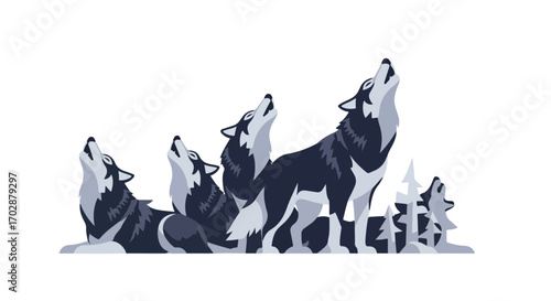 Stylized howling wolf pack graphic illustration evoking themes of wilderness, loyalty, and communicative nature with a simplified woodland backdrop,
