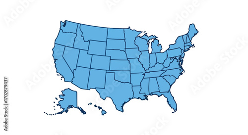 Detailed Outline of the United States Map with State Borders on Clear White Background